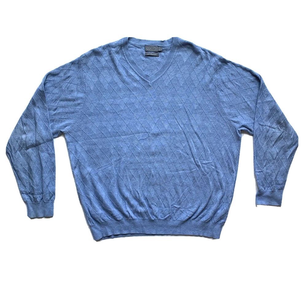Vintage Talbots 100% Pima Cotton‎ Sweater Mens XL Argyle Pullover V Neck Blue